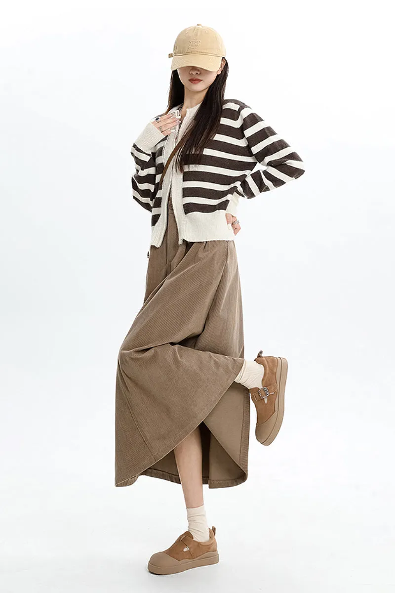 High Waist Button Front Brown Midi Corduroy Skirt