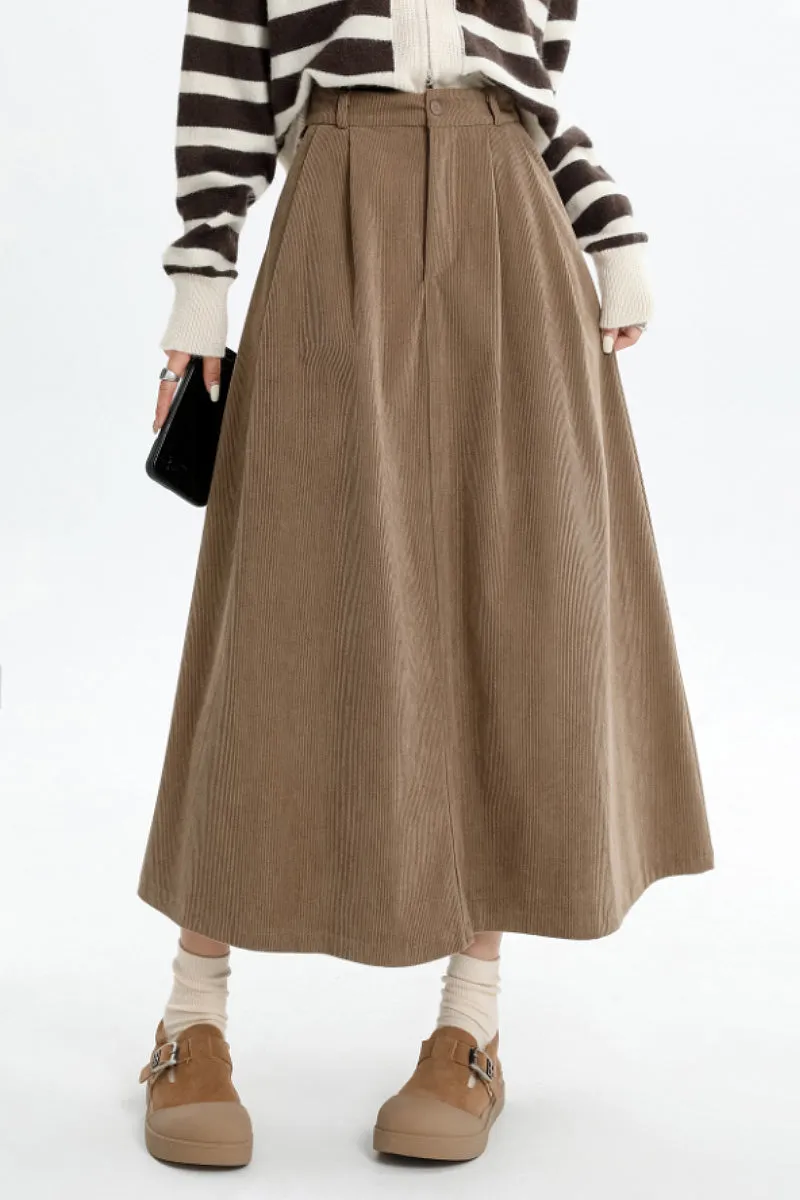 High Waist Button Front Brown Midi Corduroy Skirt