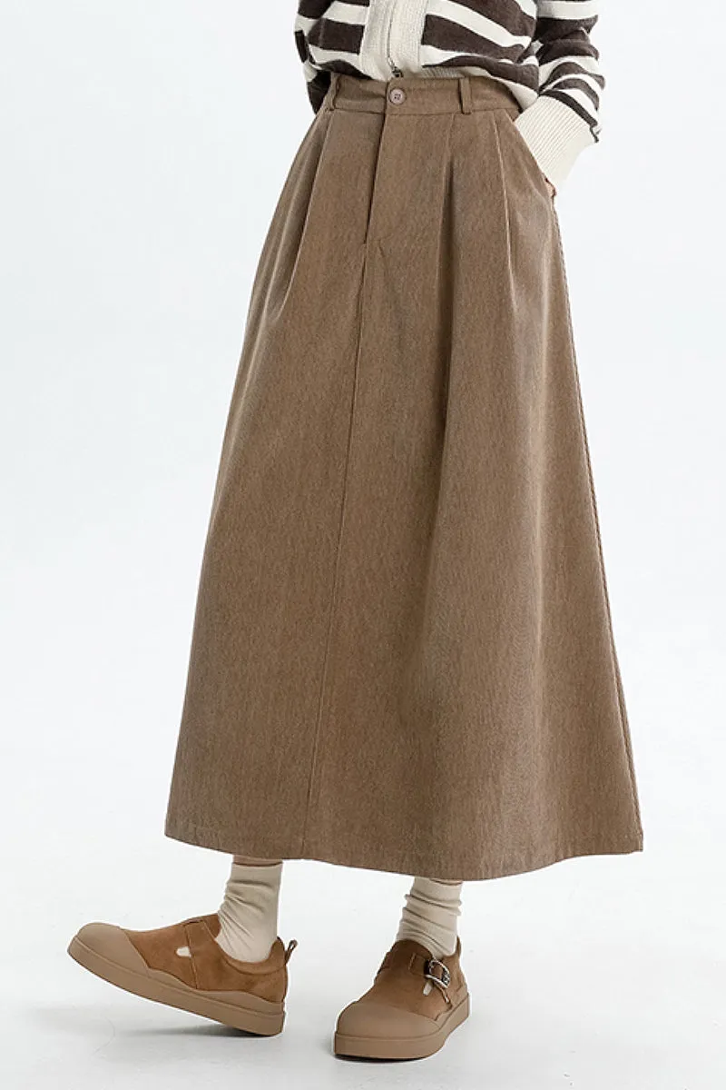 High Waist Button Front Brown Midi Corduroy Skirt