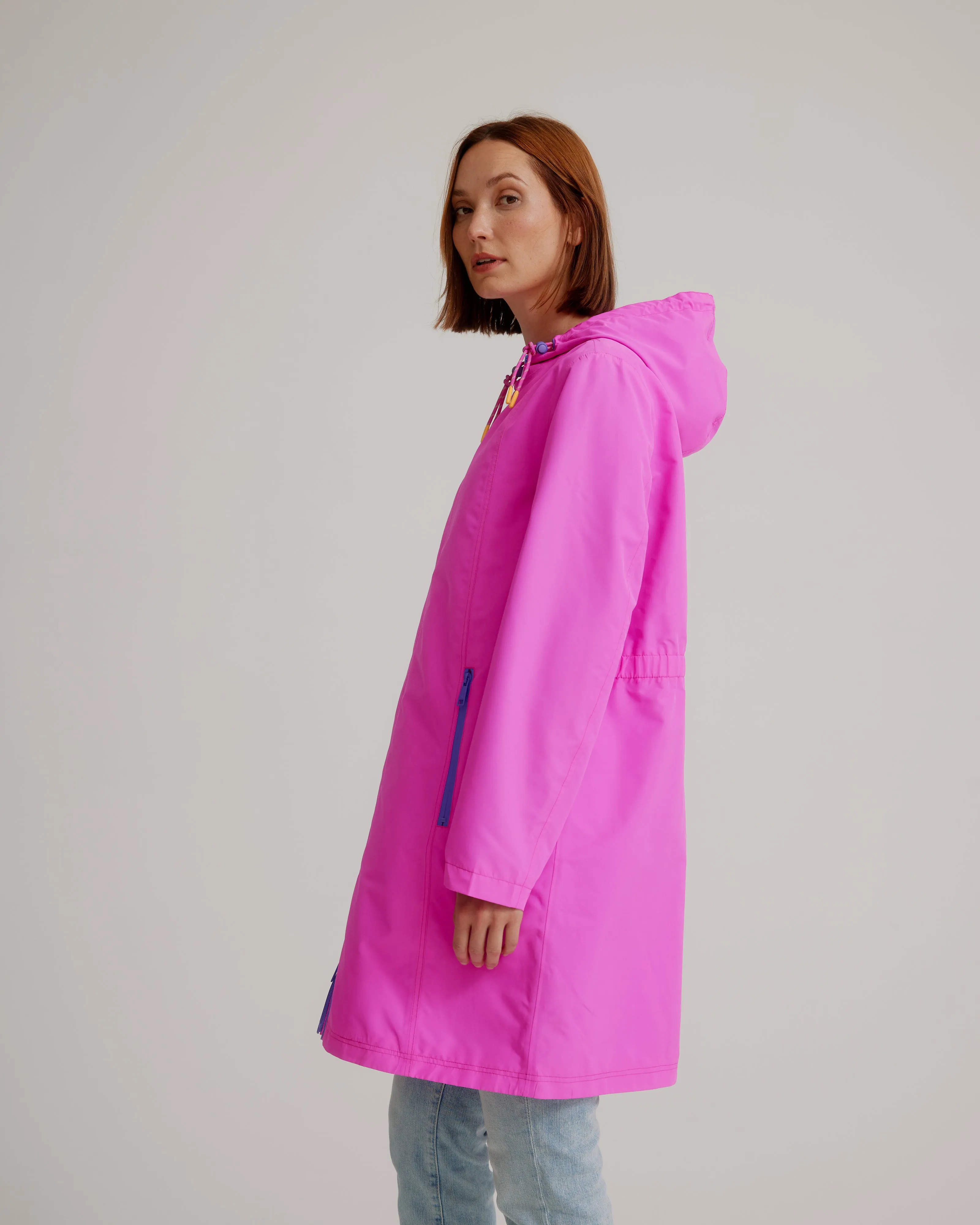 Hooded Magic Print Raincoat W/ Adjustable Waist At Back & Zipper Pockets