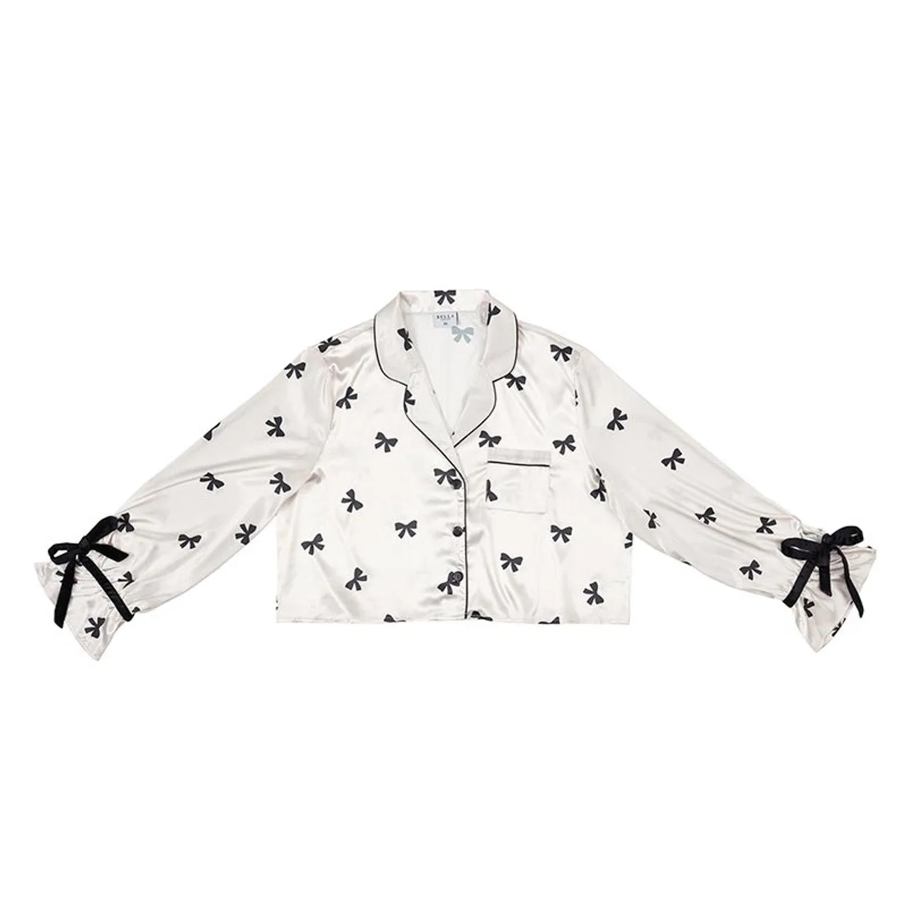 Ivory with Black Bows Cropped Satin PJ Set with Velvet Ties