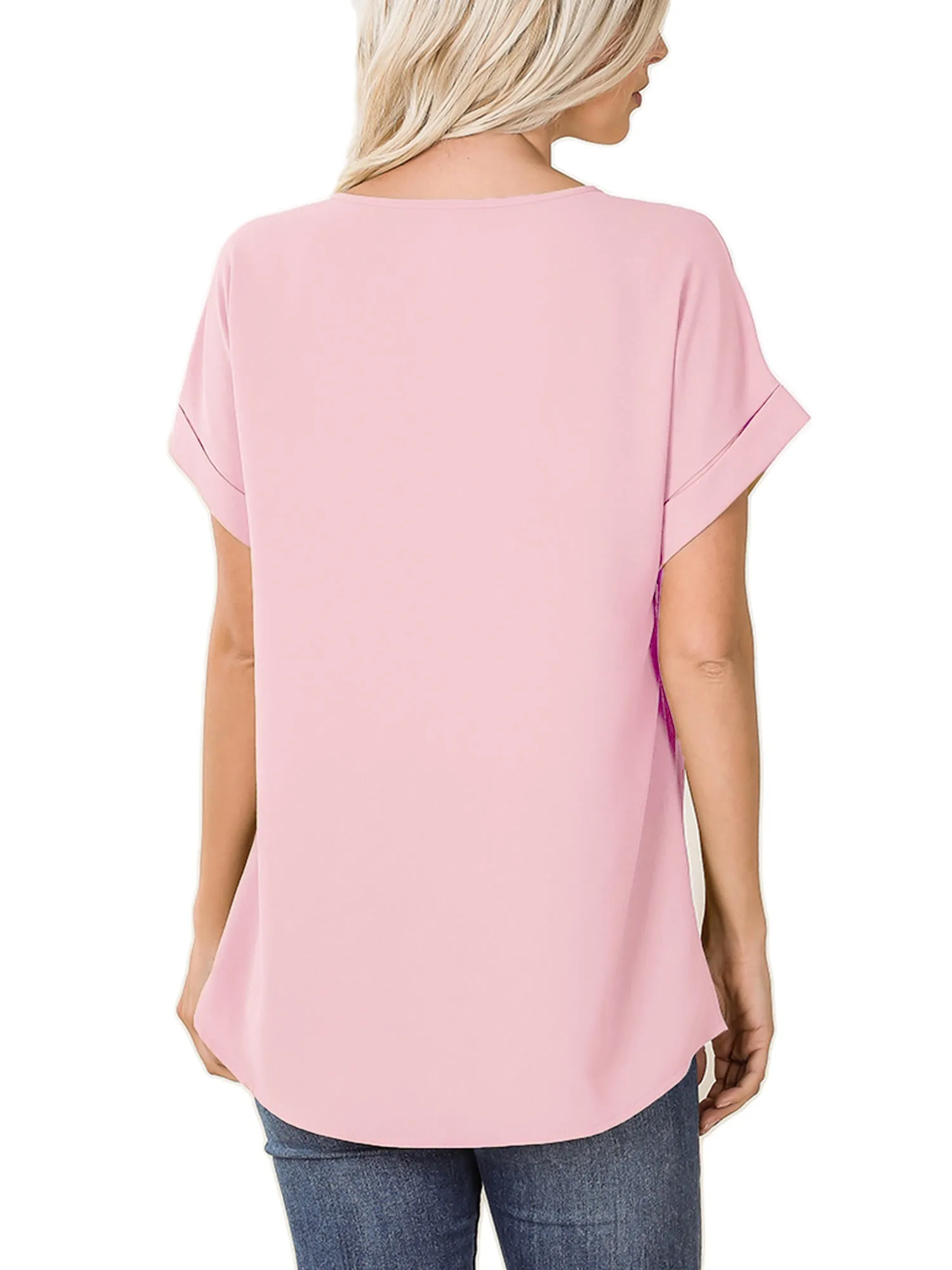 KOGMO Women's Short Sleeve V Neck Solid Woven Top Tee (S-3X)