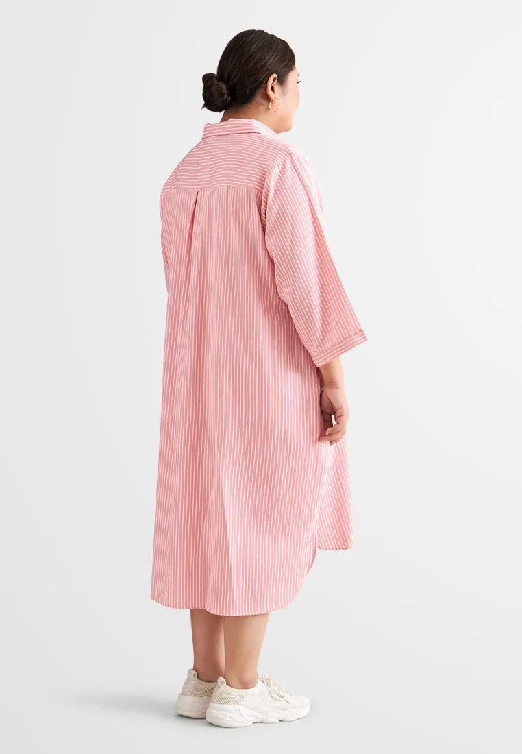 Leandra Stripes Long Shirt Dress - Pink