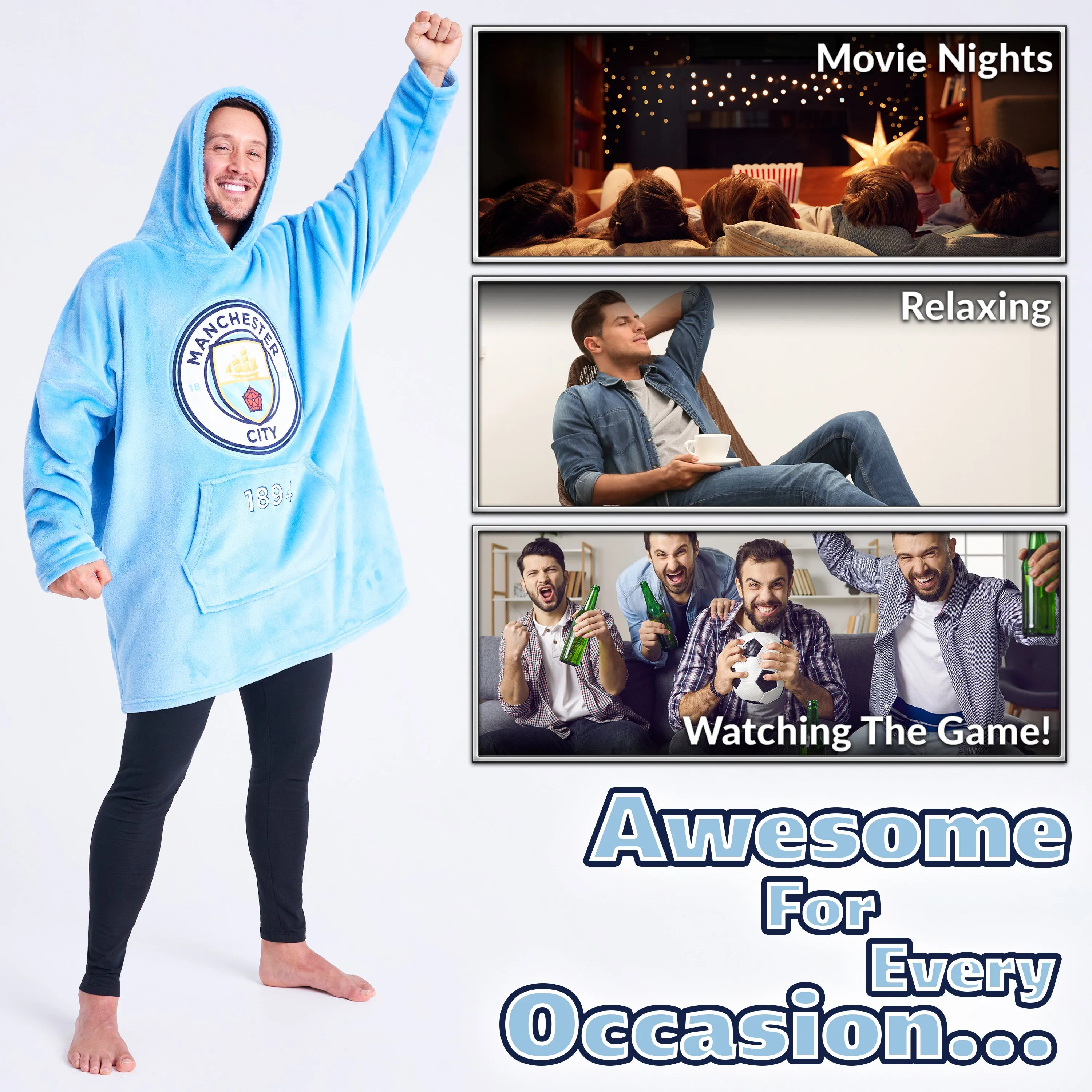 Manchester City FC Mens Hoodies - Fleece Oversized Hoodie Blanket for Men