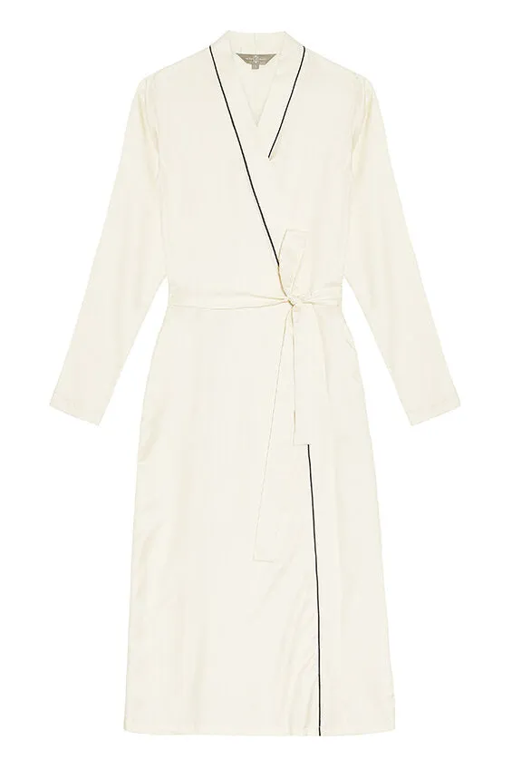Mulberry Silk Robe - Natural Ivory with Navy Piping