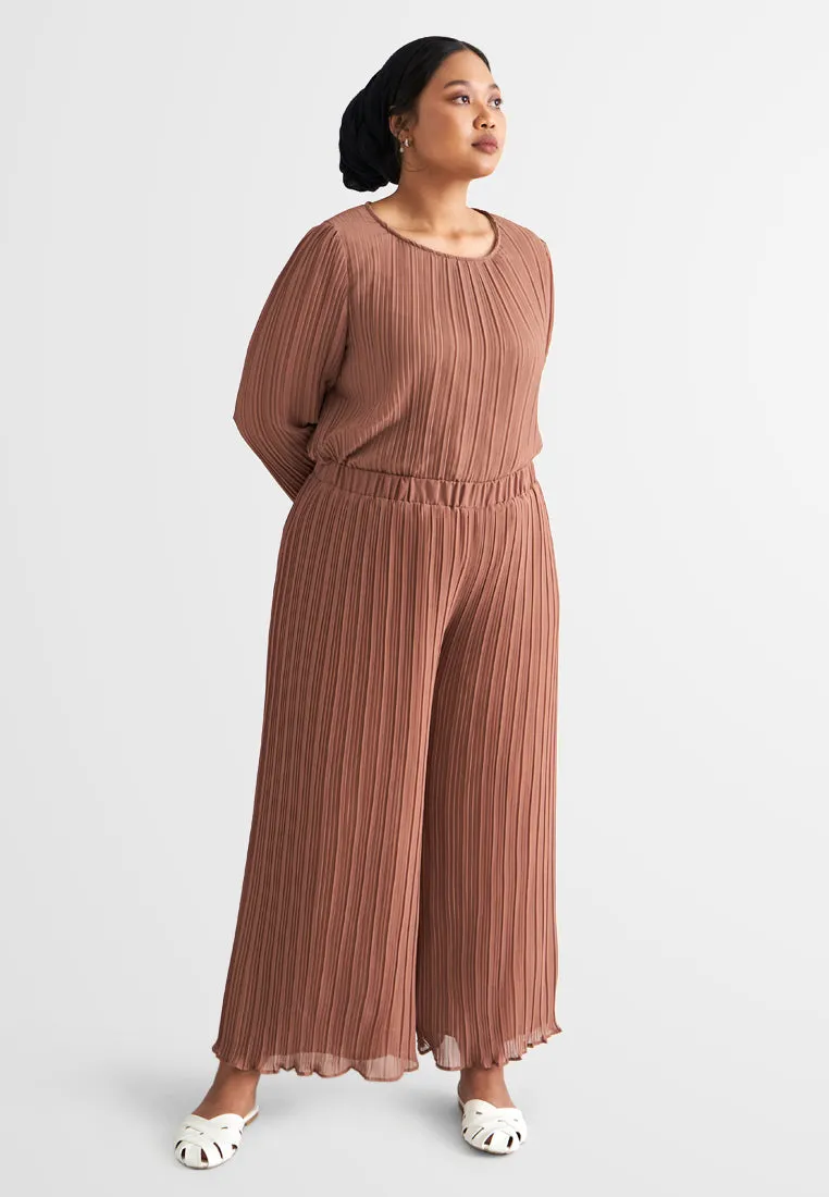 Pearly Chiffon Pleated Pants Set - Brown