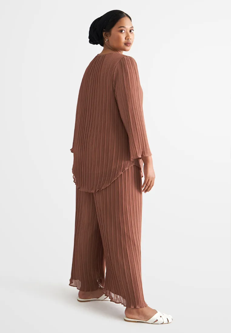 Pearly Chiffon Pleated Pants Set - Brown