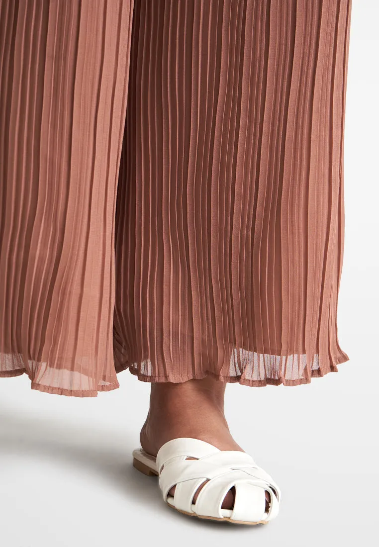 Pearly Chiffon Pleated Pants Set - Brown