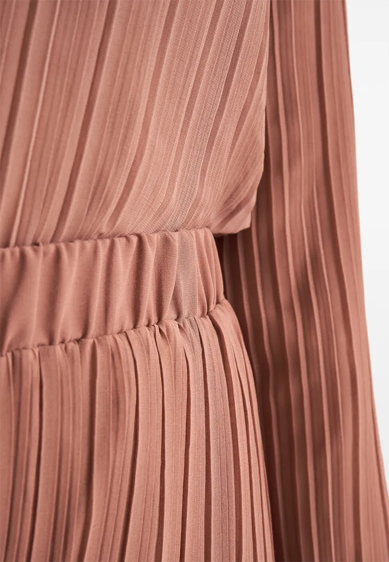 Pearly Chiffon Pleated Pants Set - Brown