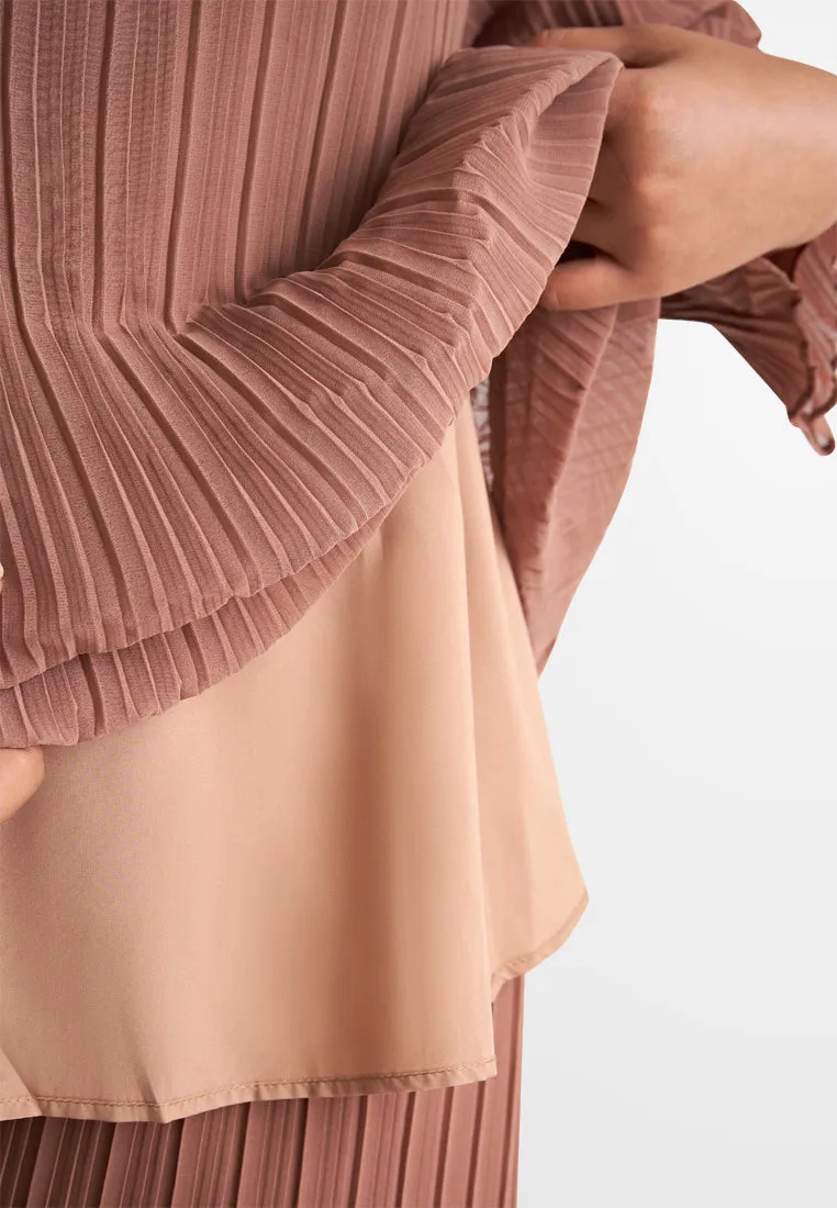 Pearly Chiffon Pleated Pants Set - Brown