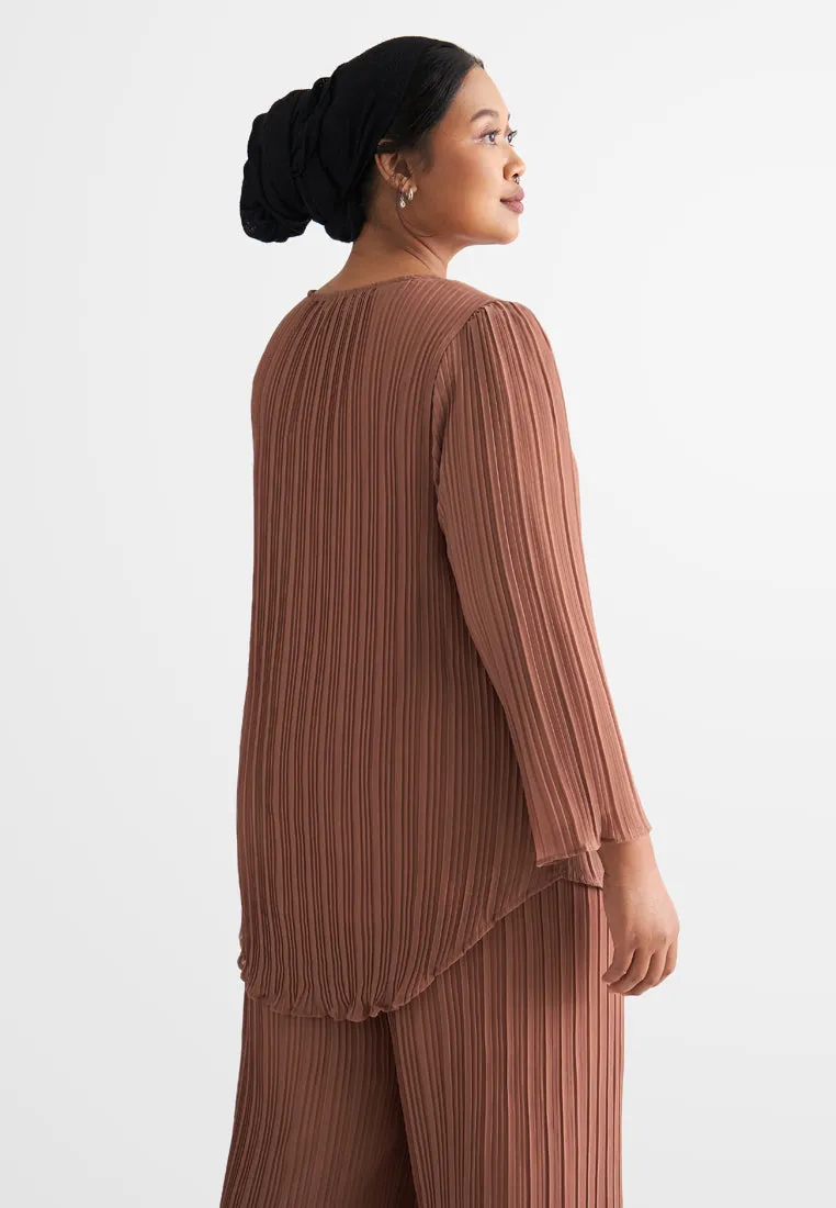 Pearly Chiffon Pleated Pants Set - Brown