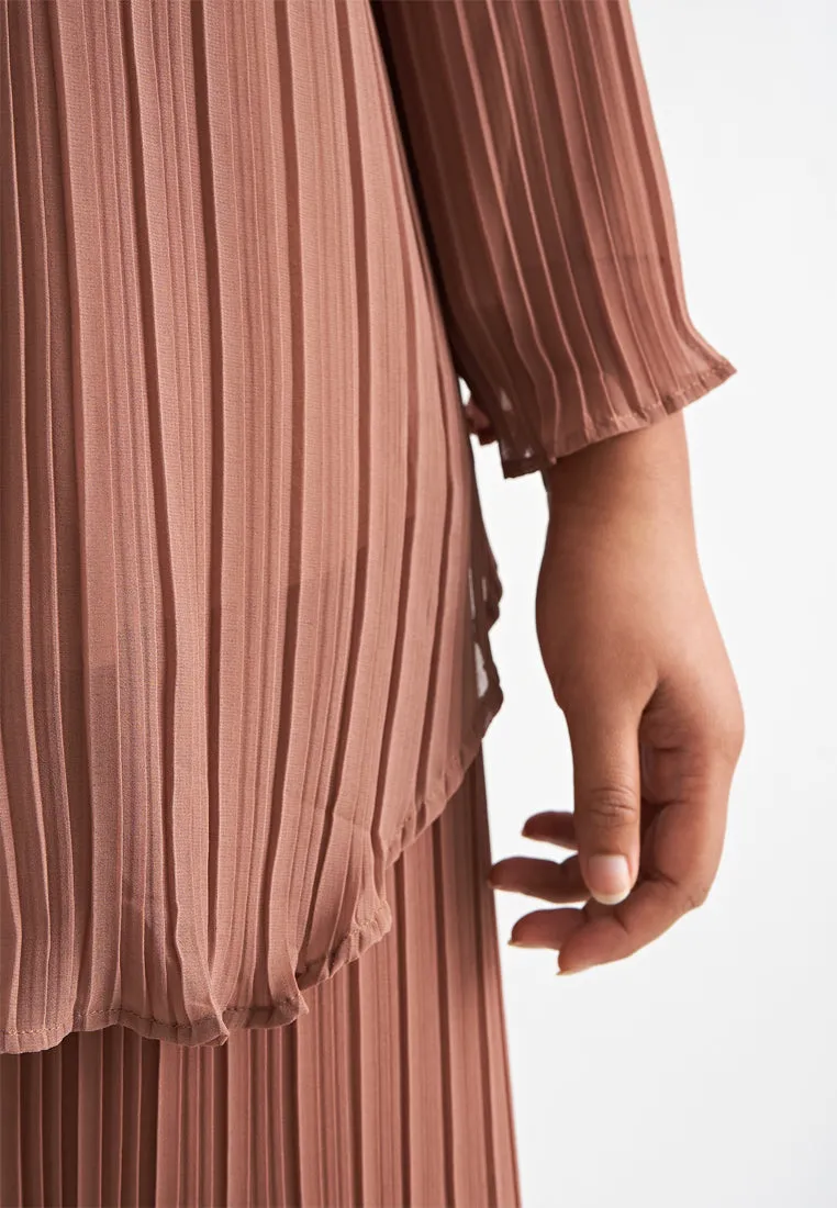Pearly Chiffon Pleated Pants Set - Brown