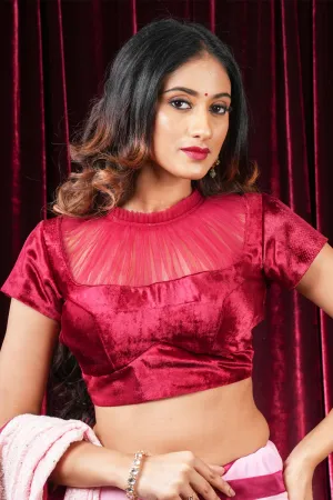 Pomegranate red velvet close neck blouse with gathered net yoke.