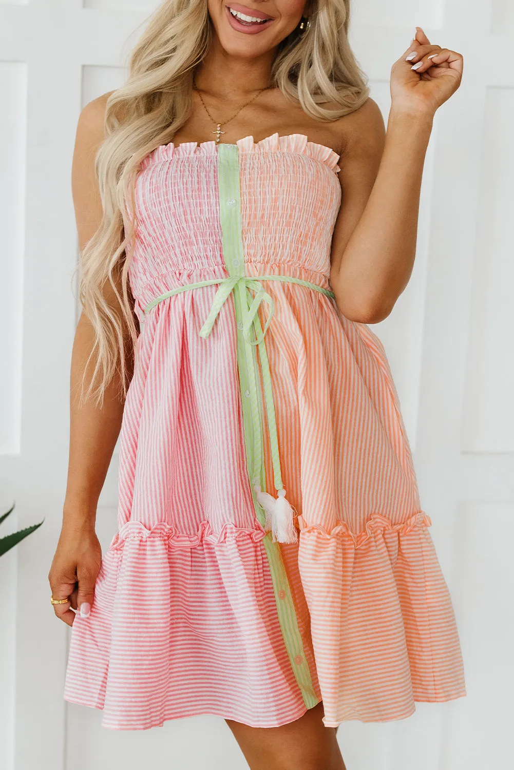 Smocked Frilled Strapless Mini Dress
