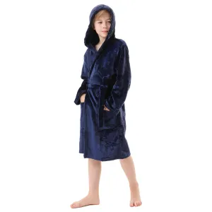 V.&GRIN Boys Fleece Robe, Hooded Toddler Soft Fuzzy Bathrobe for Kids 3-14 Years（Navy 7-8