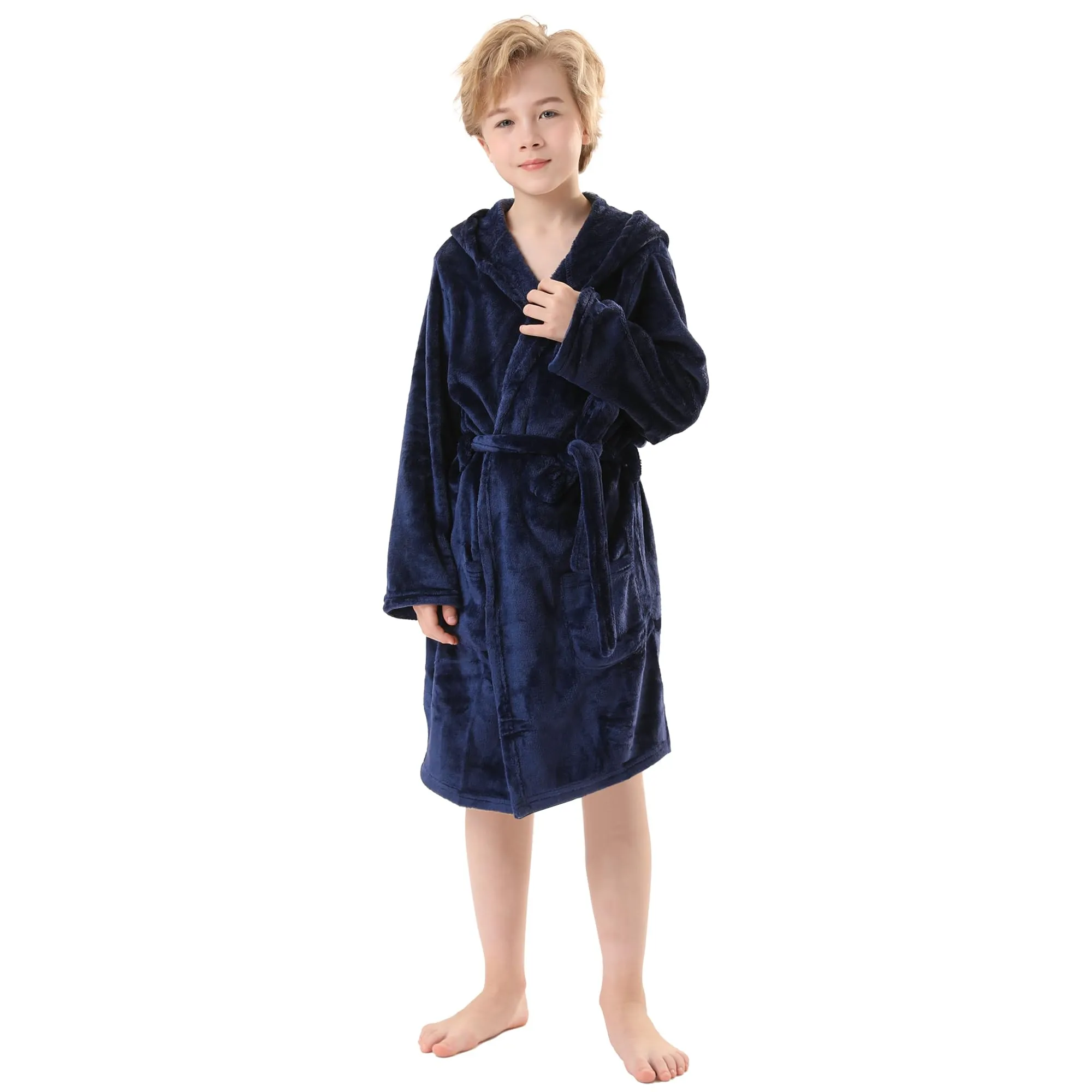 V.&GRIN Boys Fleece Robe, Hooded Toddler Soft Fuzzy Bathrobe for Kids 3-14 Years（Navy 7-8
