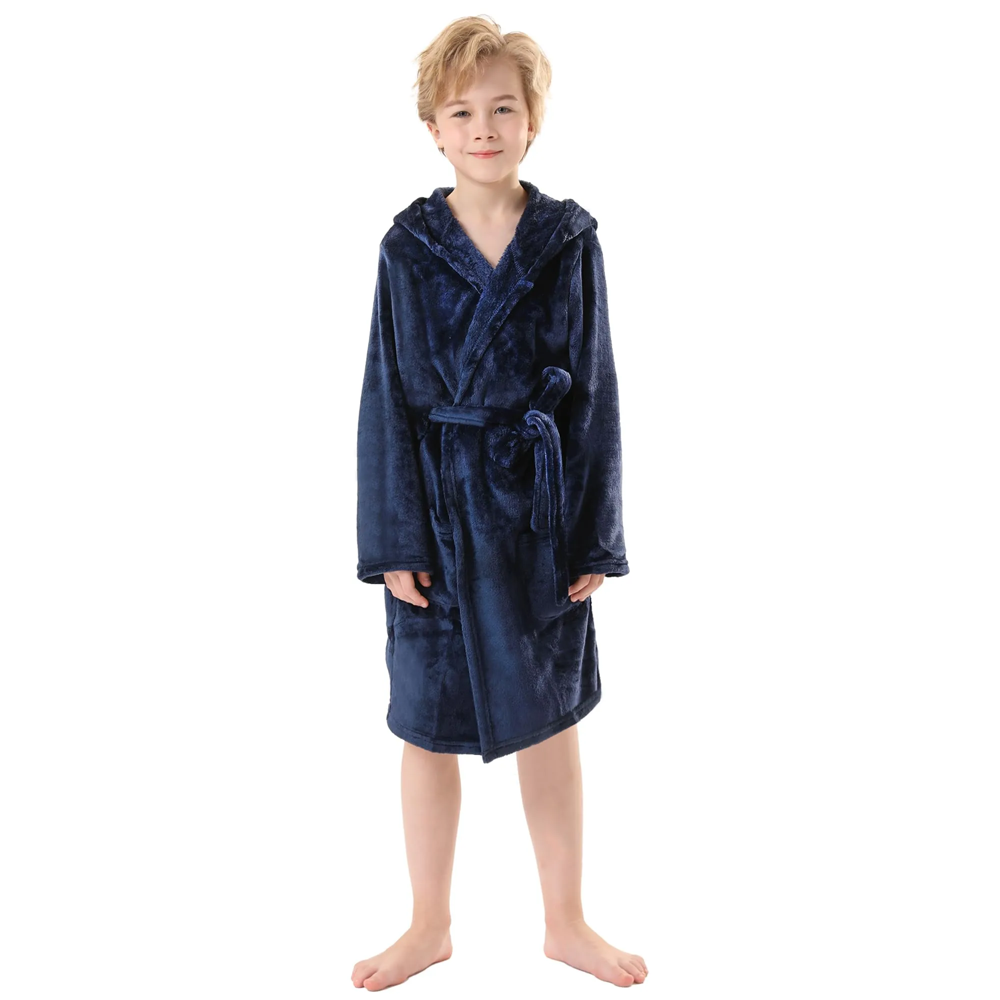 V.&GRIN Boys Fleece Robe, Hooded Toddler Soft Fuzzy Bathrobe for Kids 3-14 Years（Navy 7-8