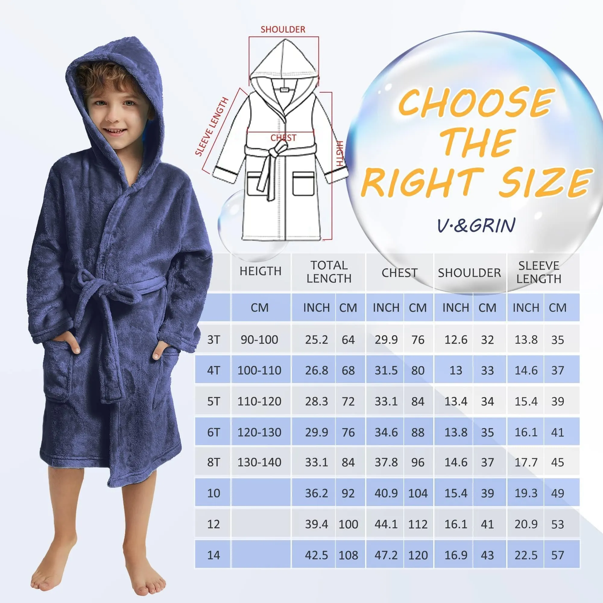 V.&GRIN Boys Fleece Robe, Hooded Toddler Soft Fuzzy Bathrobe for Kids 3-14 Years（Navy 7-8