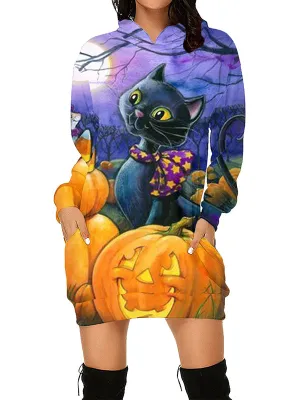 Women Halloween Cute Kitten Graphic Print Hoodies