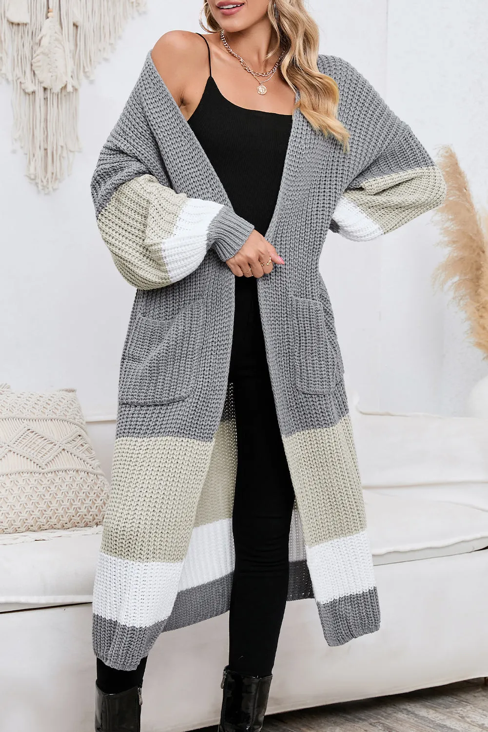 Women's Color Block Cable Knit Side Pockets Duster Cardigan