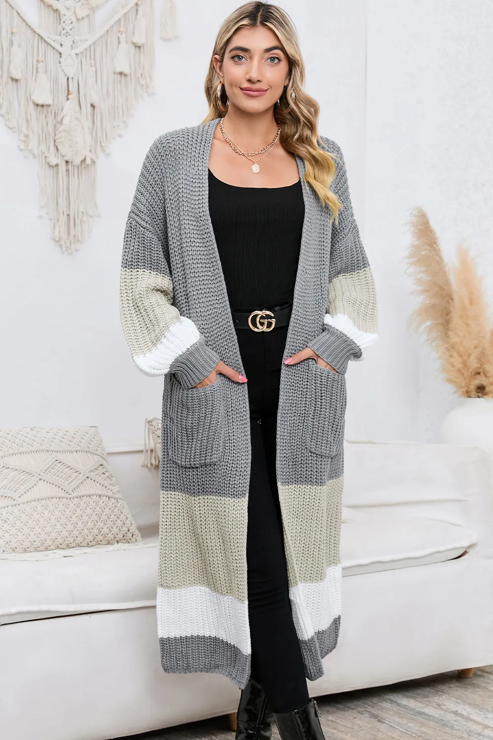 Women's Color Block Cable Knit Side Pockets Duster Cardigan