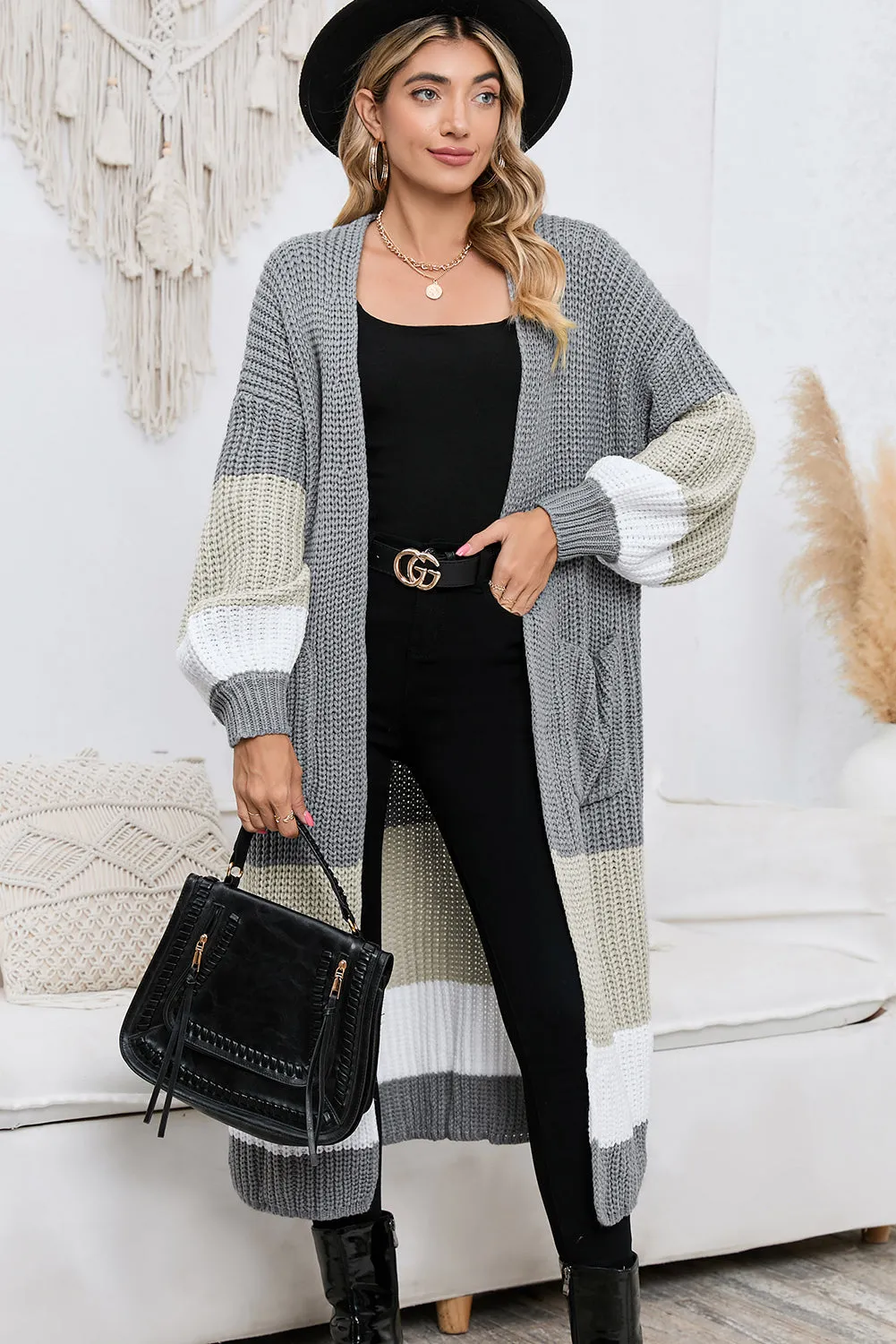 Women's Color Block Cable Knit Side Pockets Duster Cardigan