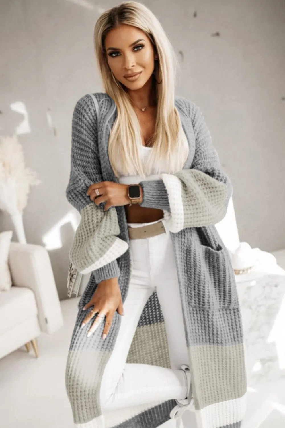 Women's Color Block Cable Knit Side Pockets Duster Cardigan
