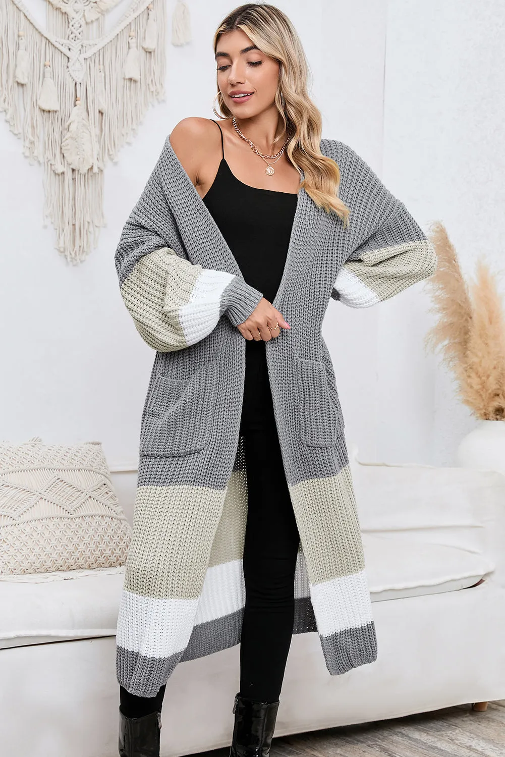 Women's Color Block Cable Knit Side Pockets Duster Cardigan