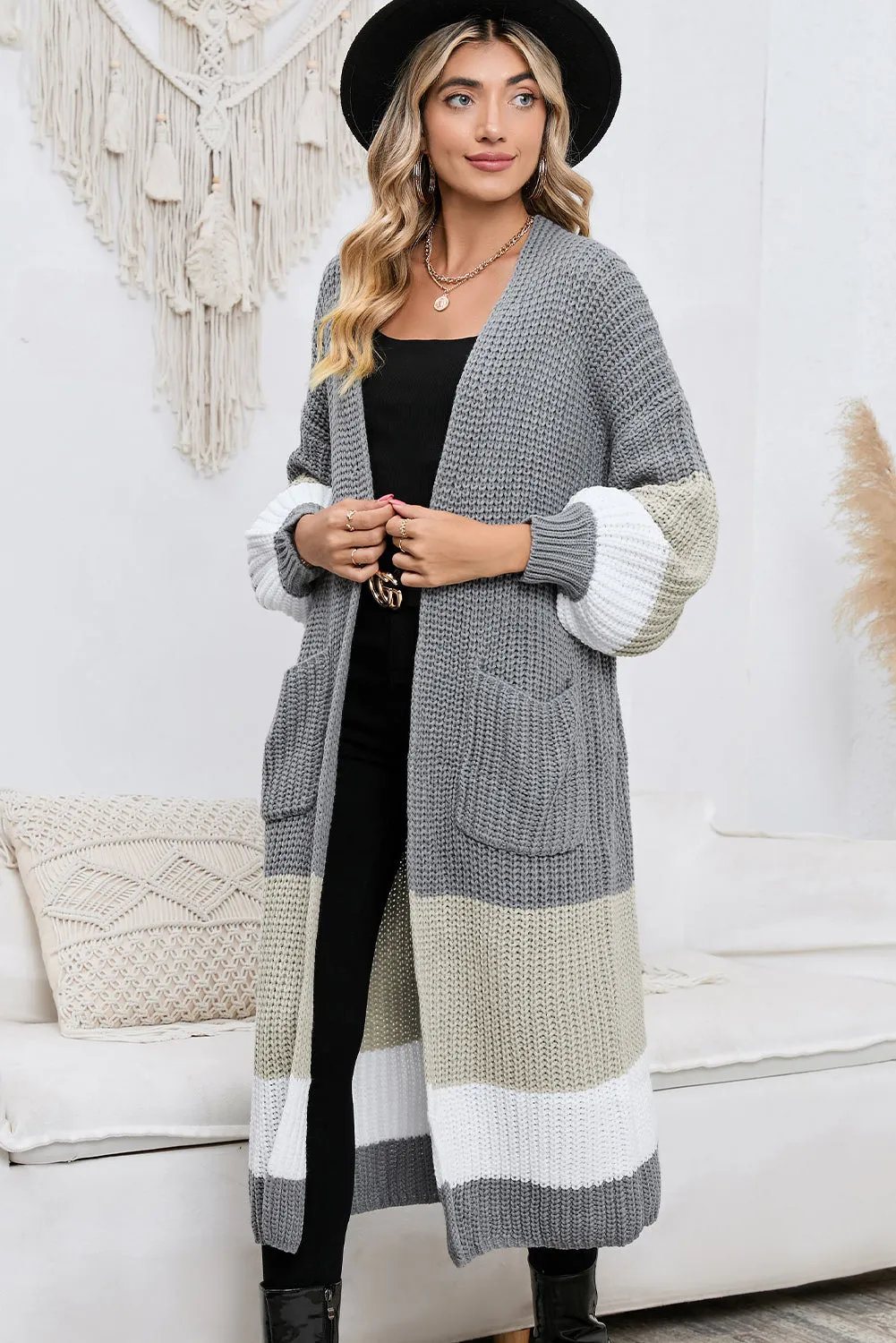 Women's Color Block Cable Knit Side Pockets Duster Cardigan
