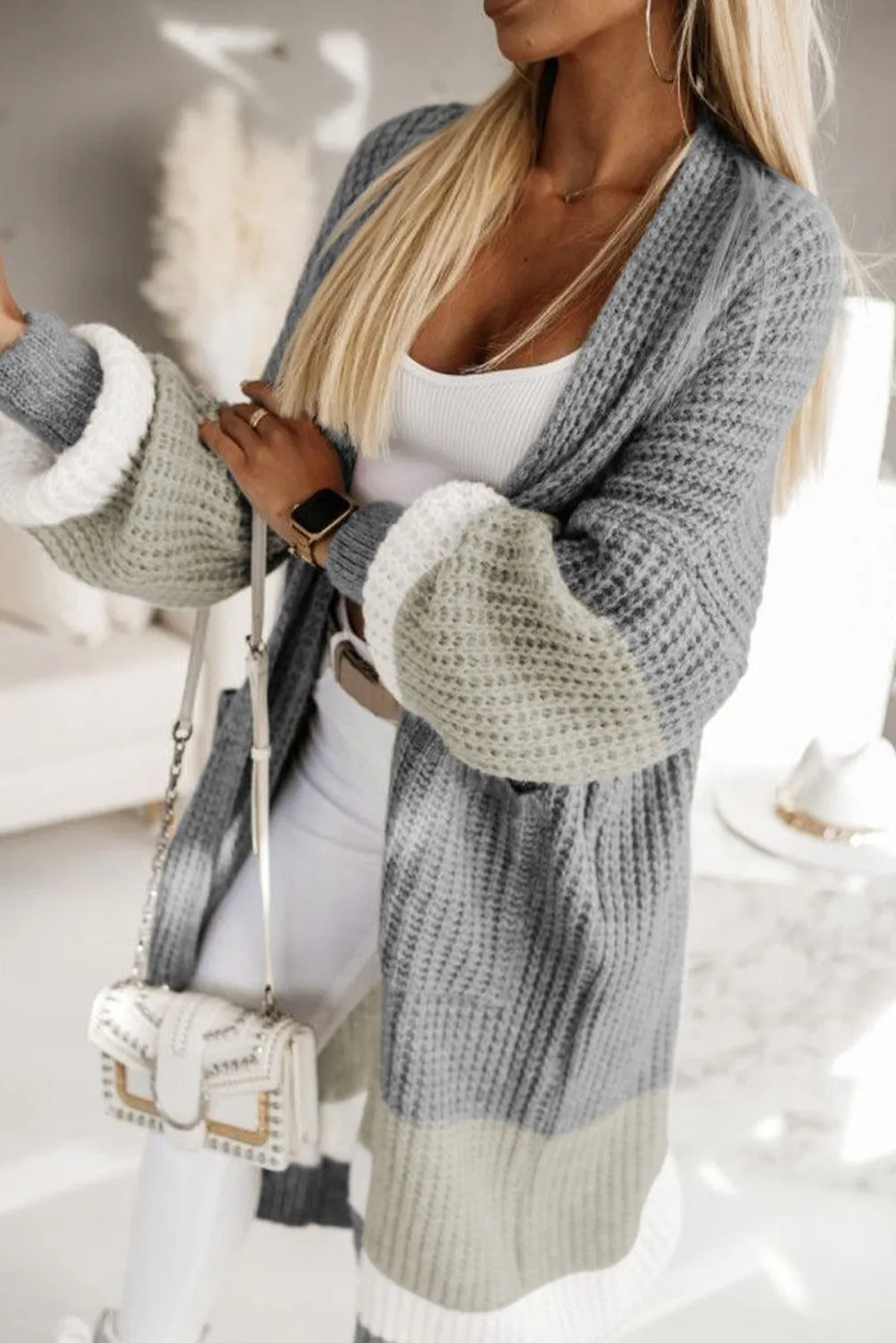 Women's Color Block Cable Knit Side Pockets Duster Cardigan