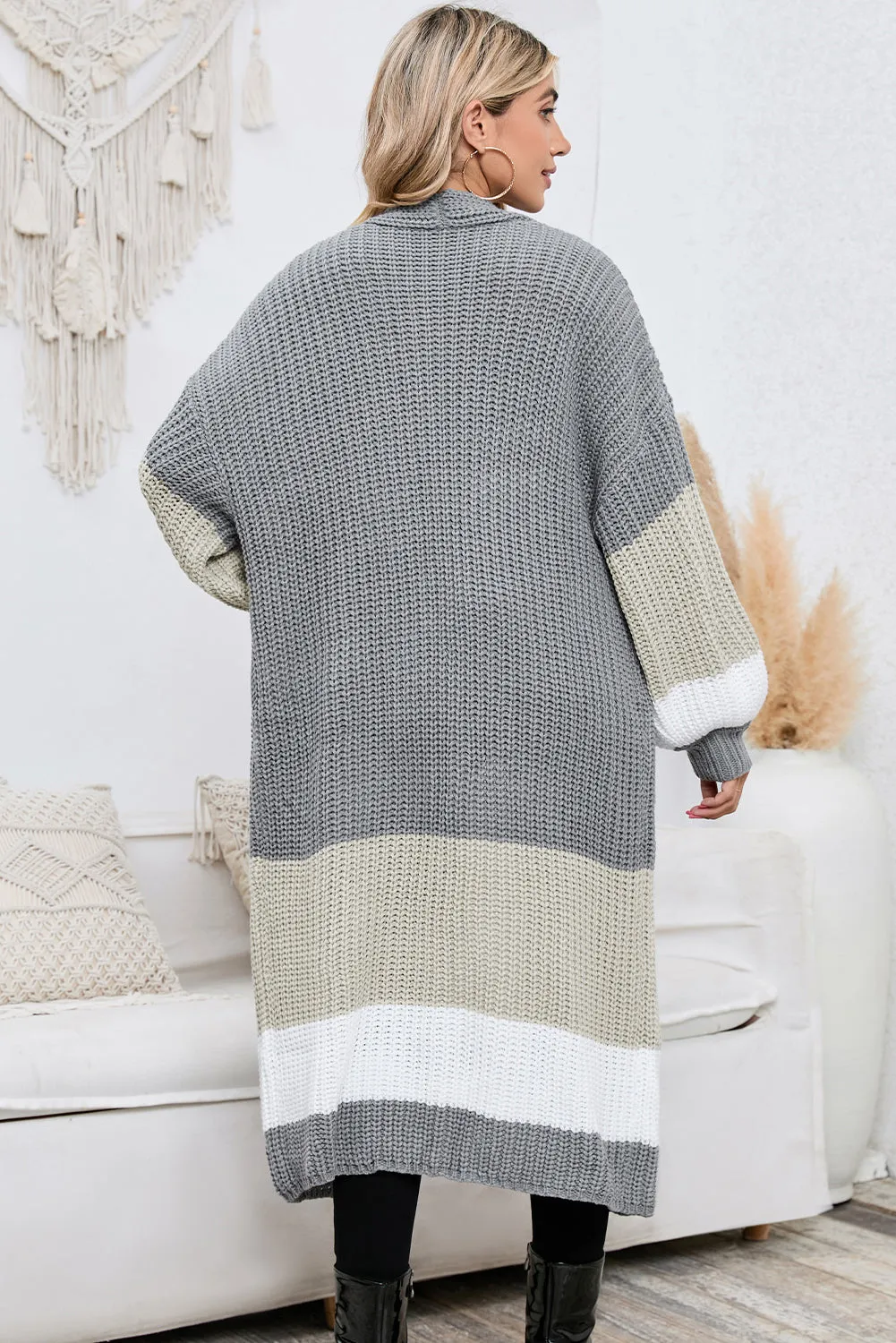 Women's Color Block Cable Knit Side Pockets Duster Cardigan