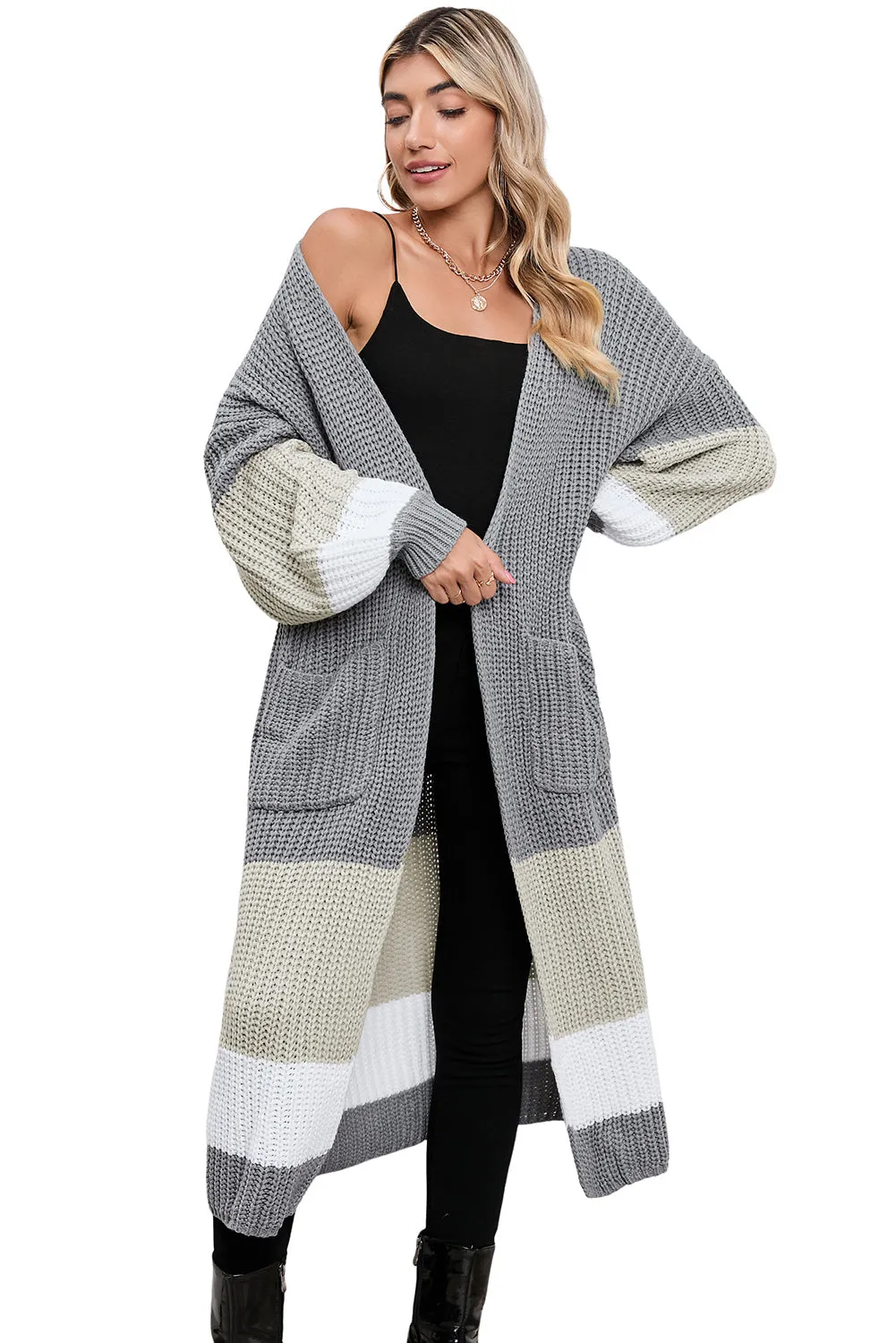 Women's Color Block Cable Knit Side Pockets Duster Cardigan