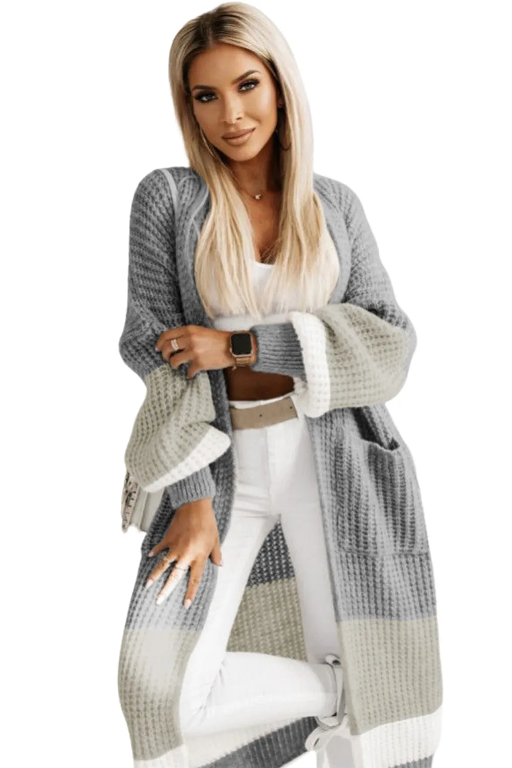 Women's Color Block Cable Knit Side Pockets Duster Cardigan