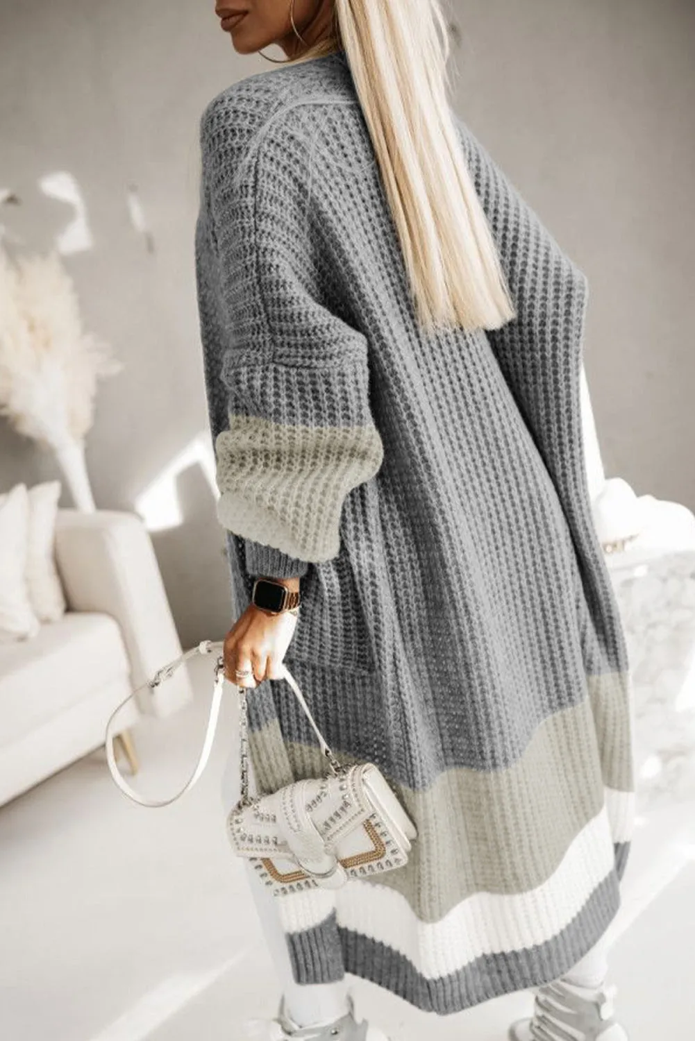 Women's Color Block Cable Knit Side Pockets Duster Cardigan