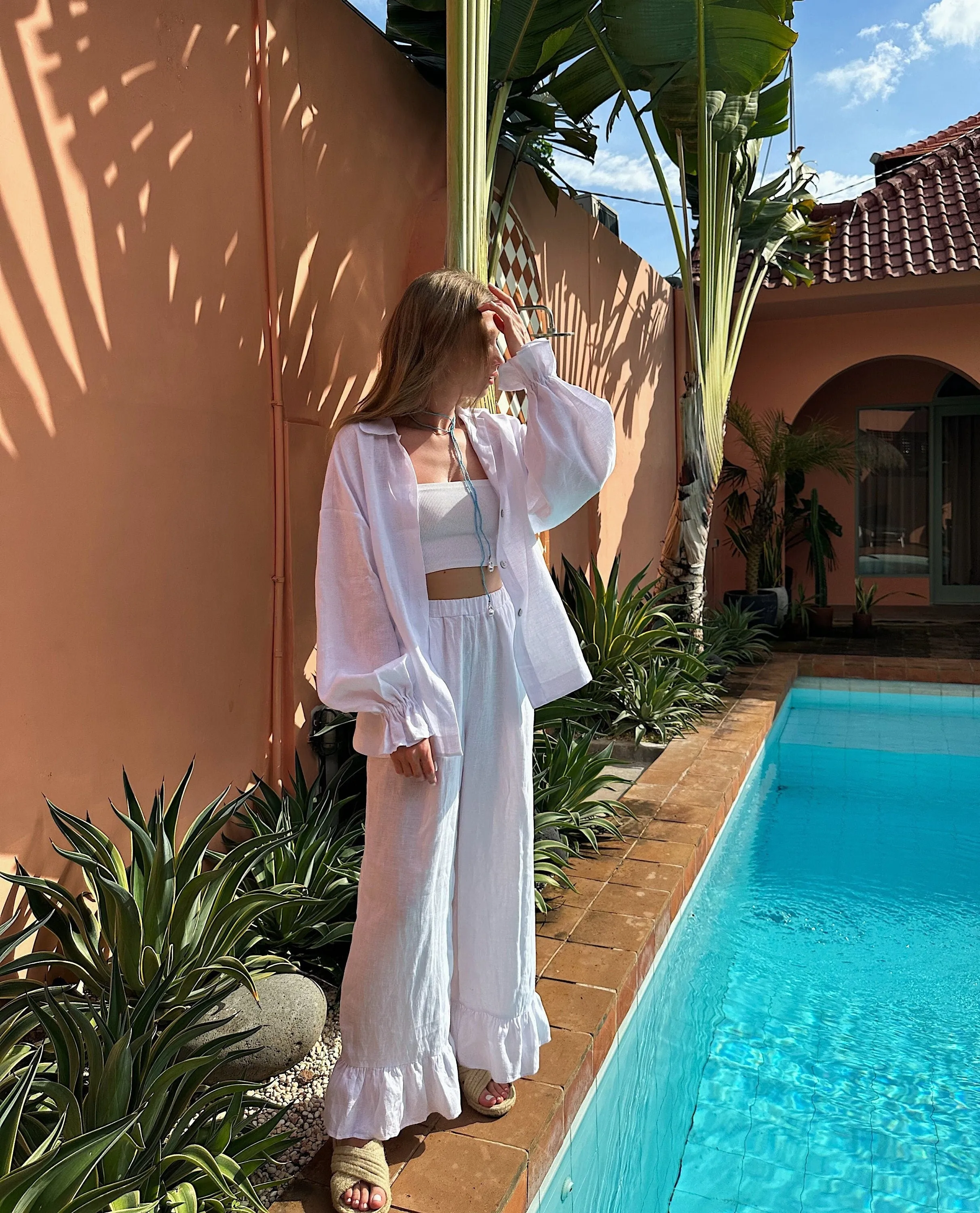 Womens Linen Pajamas Set with Wide Pants, Pyjama Set, Linen Two Piece Set, Linen Summer Beach Suit, Linen Blouse, High Waisted Pants