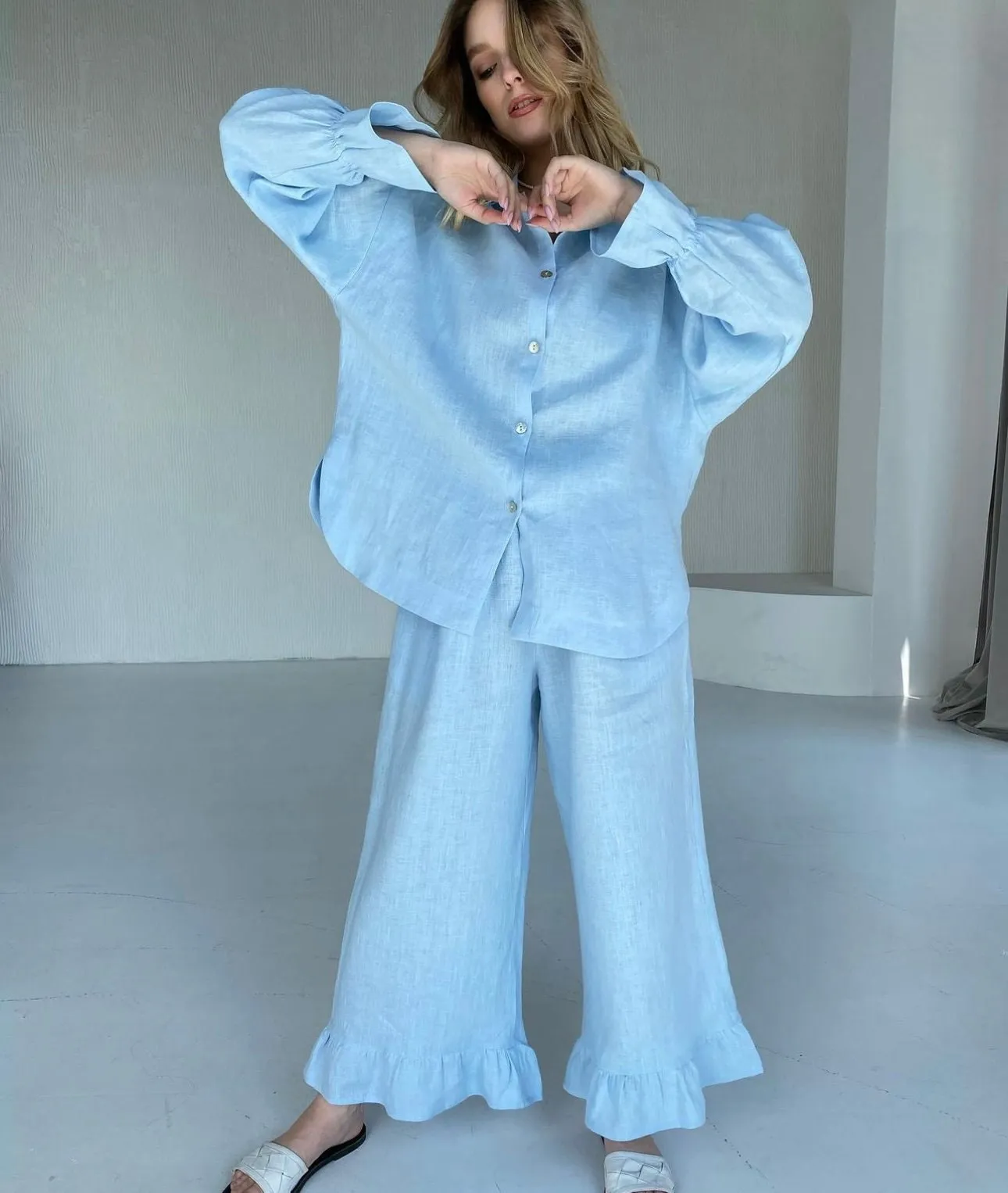 Womens Linen Pajamas Set with Wide Pants, Pyjama Set, Linen Two Piece Set, Linen Summer Beach Suit, Linen Blouse, High Waisted Pants