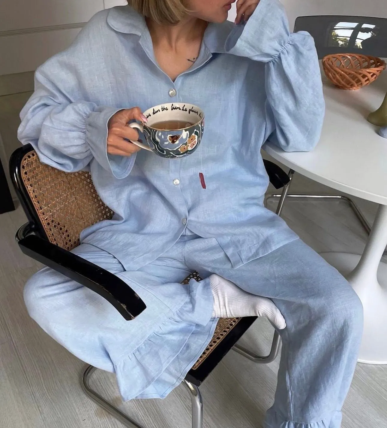 Womens Linen Pajamas Set with Wide Pants, Pyjama Set, Linen Two Piece Set, Linen Summer Beach Suit, Linen Blouse, High Waisted Pants