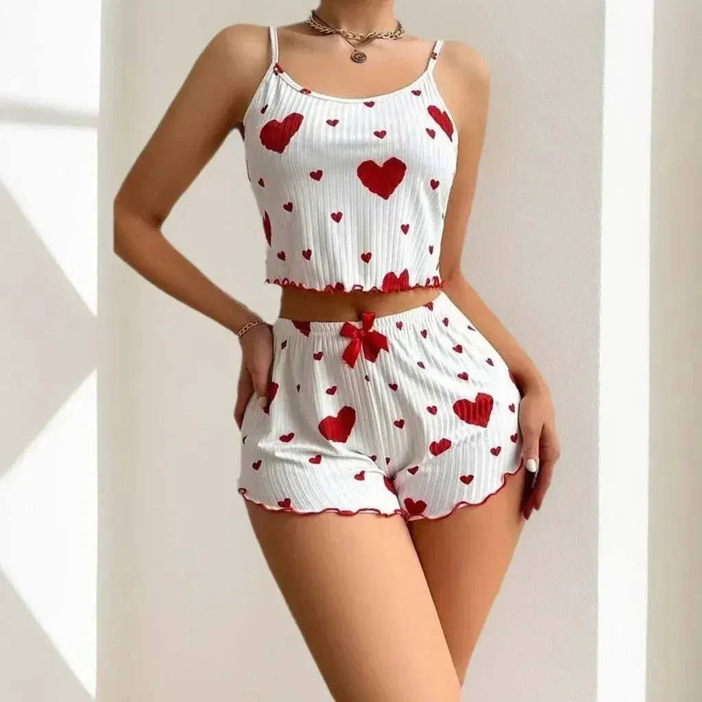 Women's Love Print Pajama Set - 2PCS Soft Sleepwear Tank & Shorts