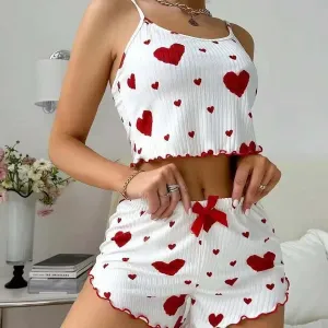 Women's Love Print Pajama Set - 2PCS Soft Sleepwear Tank & Shorts