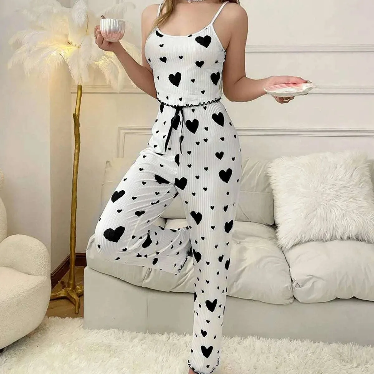 Women's Love Print Pajama Set - 2PCS Soft Sleepwear Tank & Shorts