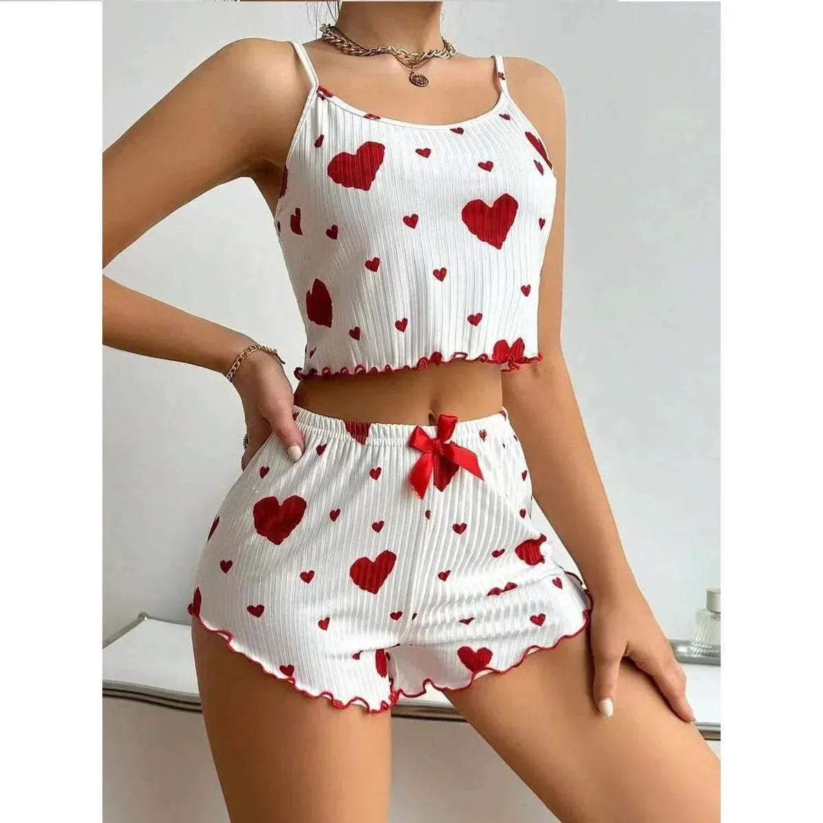 Women's Love Print Pajama Set - 2PCS Soft Sleepwear Tank & Shorts