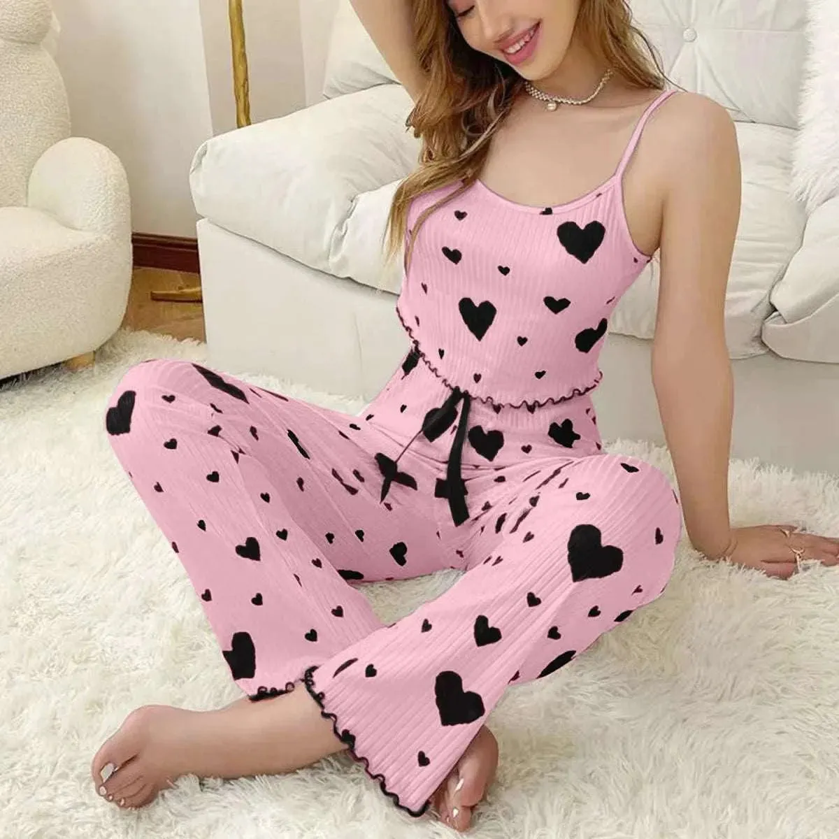 Women's Love Print Pajama Set - 2PCS Soft Sleepwear Tank & Shorts