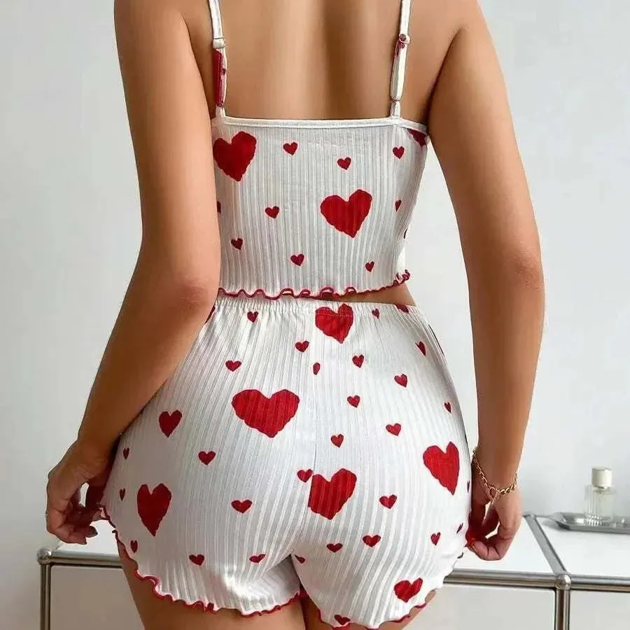 Women's Love Print Pajama Set - 2PCS Soft Sleepwear Tank & Shorts