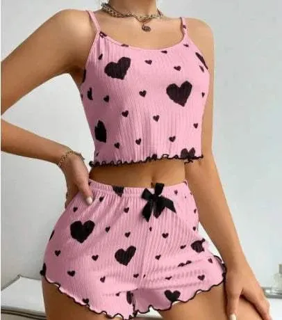 Women's Love Print Pajama Set - 2PCS Soft Sleepwear Tank & Shorts