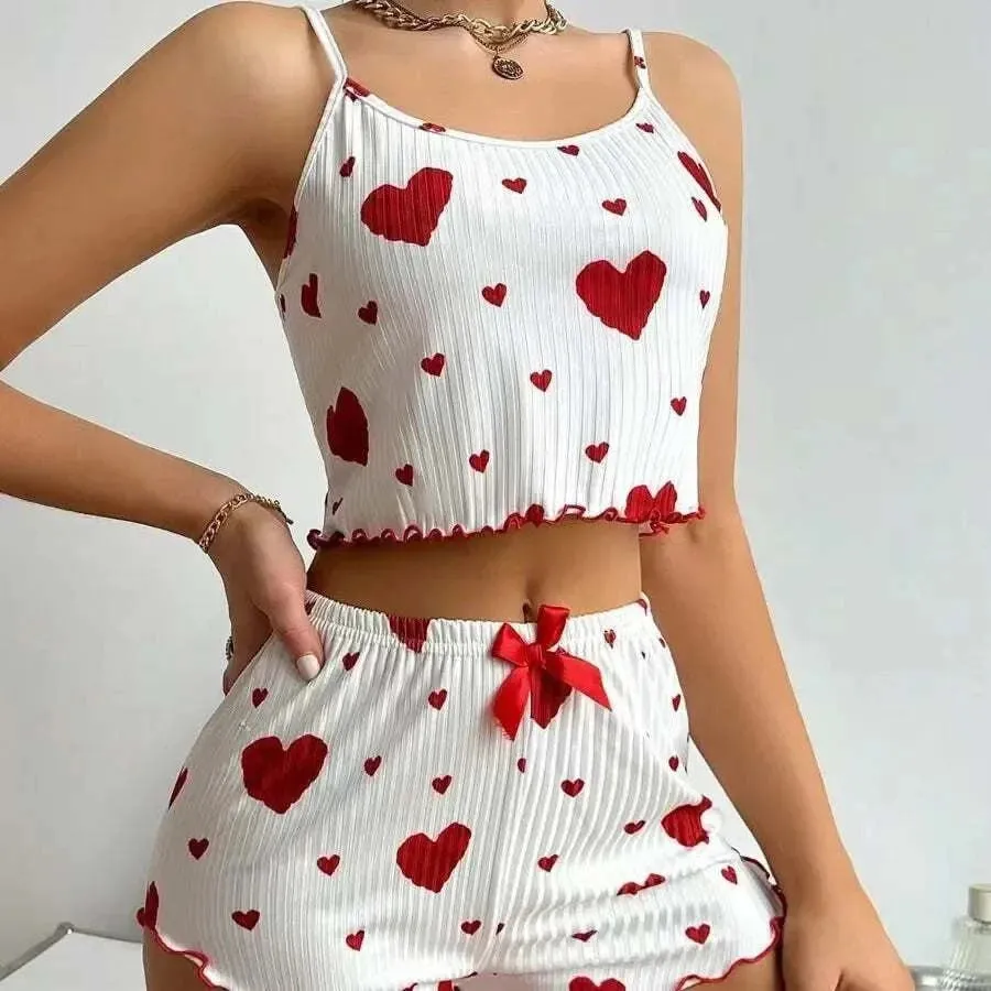 Women's Love Print Pajama Set - 2PCS Soft Sleepwear Tank & Shorts