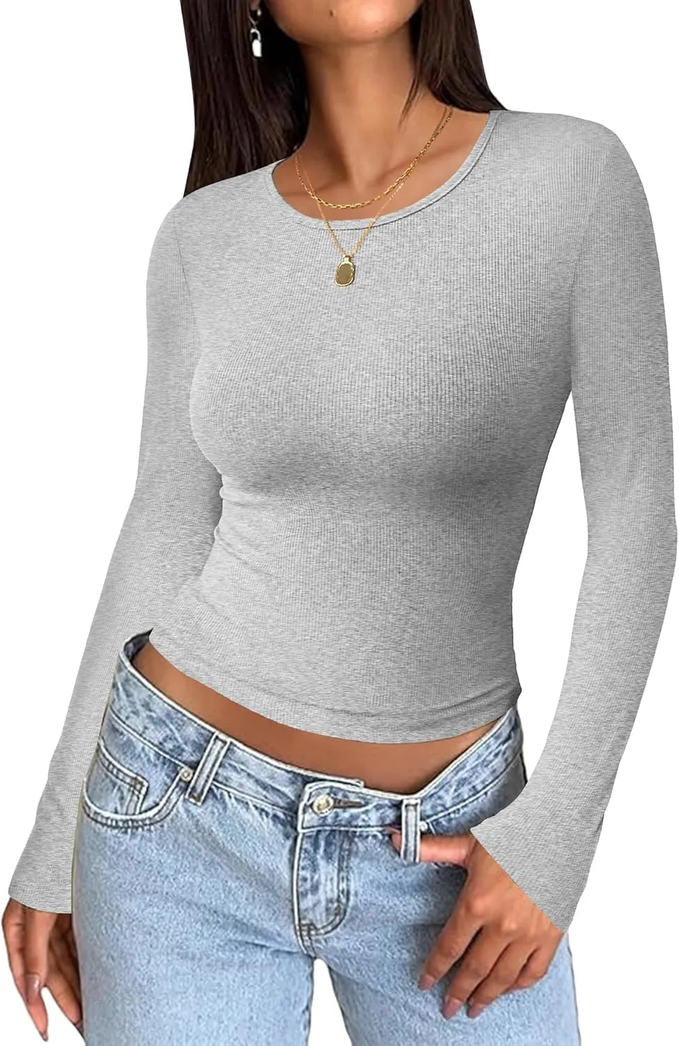 Zeagoo Women Long Sleeve T Shirts Crewneck Basic Casual Slim Fitted Knit Tops 2024 Casual Ribbed Thermal Undershirts Tee