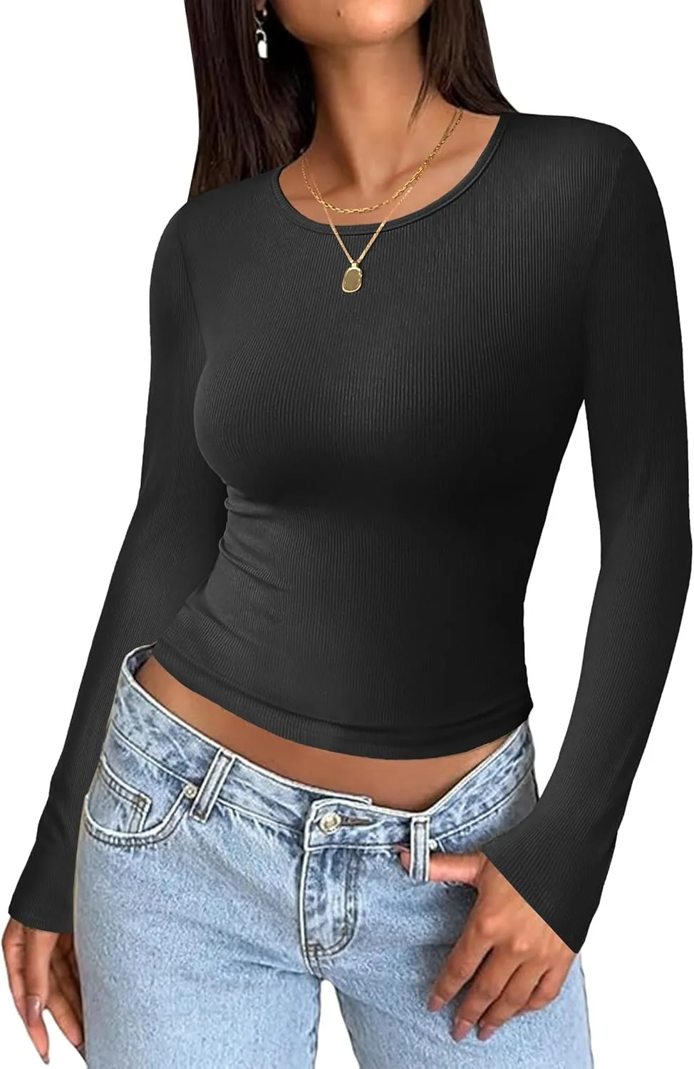 Zeagoo Women Long Sleeve T Shirts Crewneck Basic Casual Slim Fitted Knit Tops 2024 Casual Ribbed Thermal Undershirts Tee