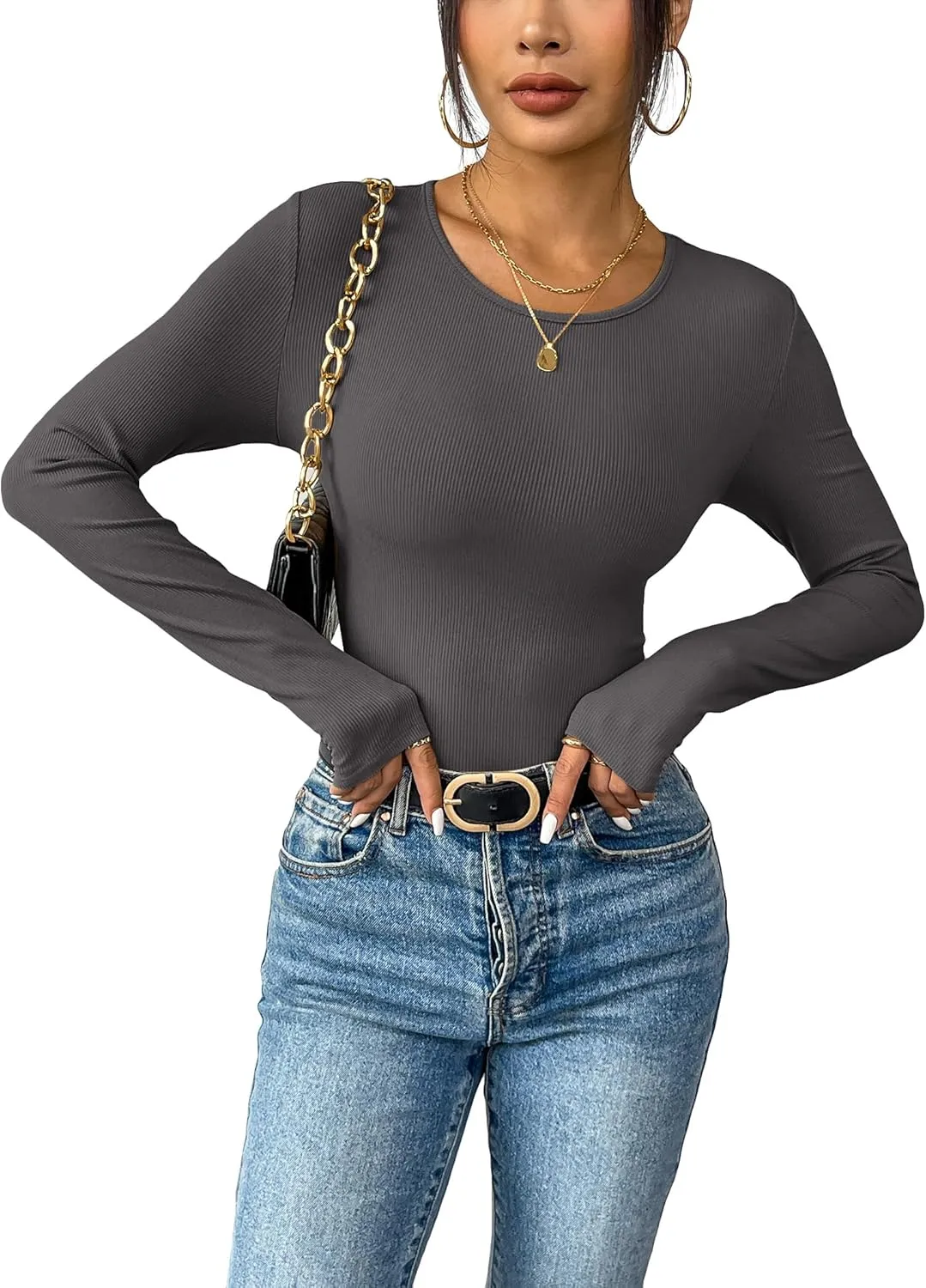 Zeagoo Women Long Sleeve T Shirts Crewneck Basic Casual Slim Fitted Knit Tops 2024 Casual Ribbed Thermal Undershirts Tee