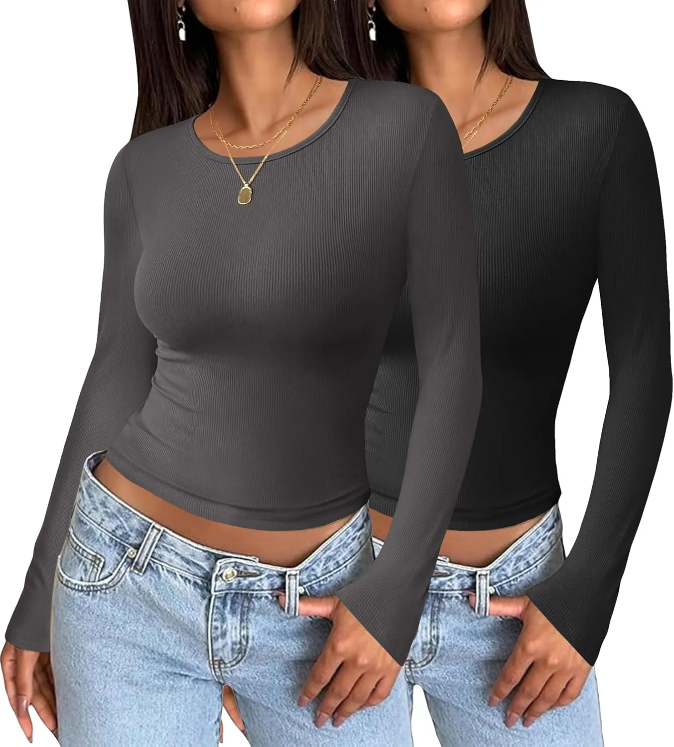 Zeagoo Women Long Sleeve T Shirts Crewneck Basic Casual Slim Fitted Knit Tops 2024 Casual Ribbed Thermal Undershirts Tee
