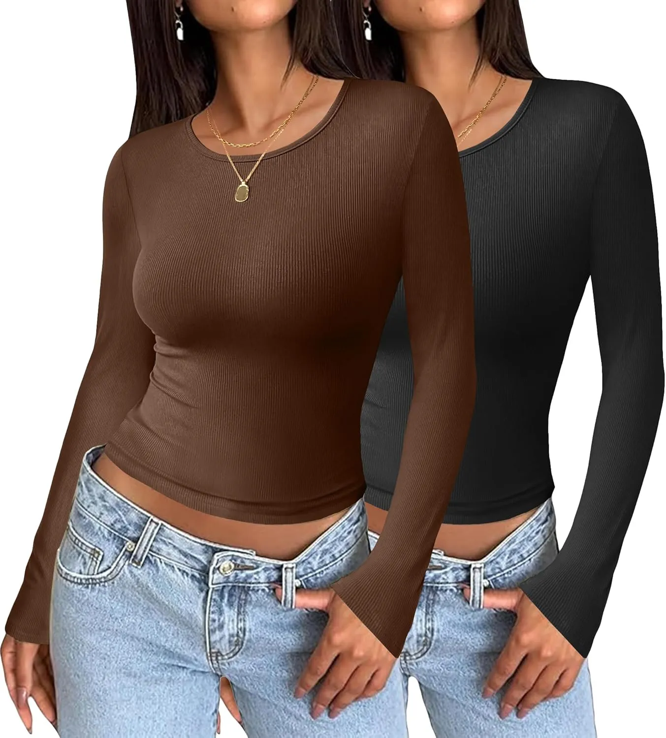 Zeagoo Women Long Sleeve T Shirts Crewneck Basic Casual Slim Fitted Knit Tops 2024 Casual Ribbed Thermal Undershirts Tee